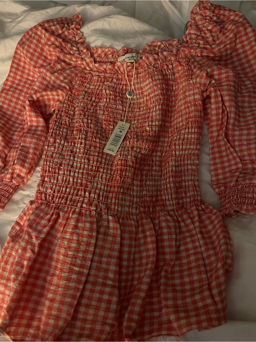Max Studio Coral Gingham Smocked Peasant top